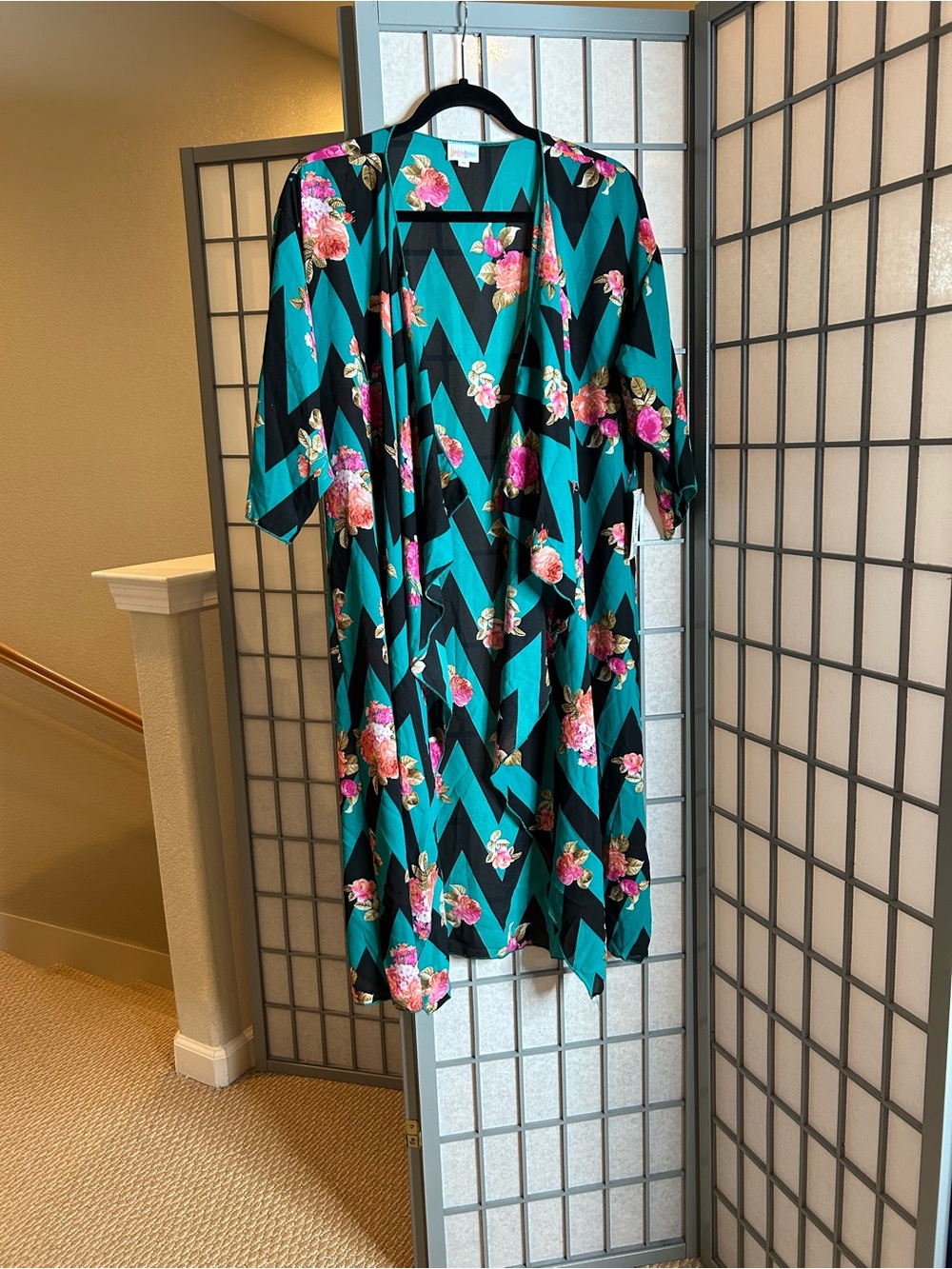 NWT LuLaRoe Shirley Floral Chevron Kimono Dress in Green and Black